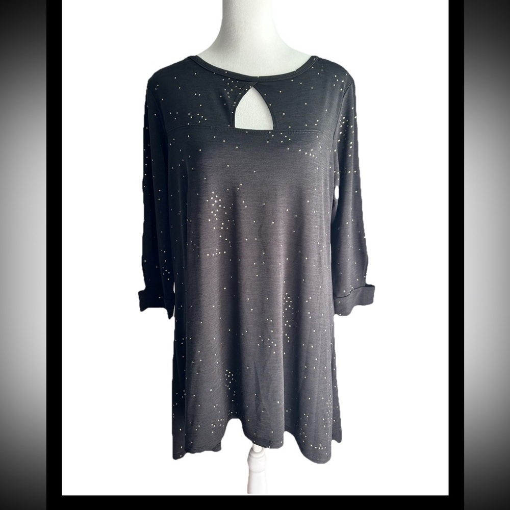FASHIONIQUE STUDIO Womens Black Speckled Cutout asymmetrical tunic top Sz L